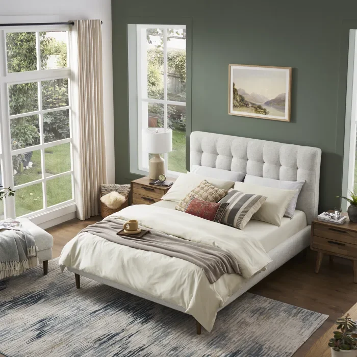 x−Modern Design Bedroom Hotel Furniture New Button Tufted Headboard Linen Upholstered Bed&