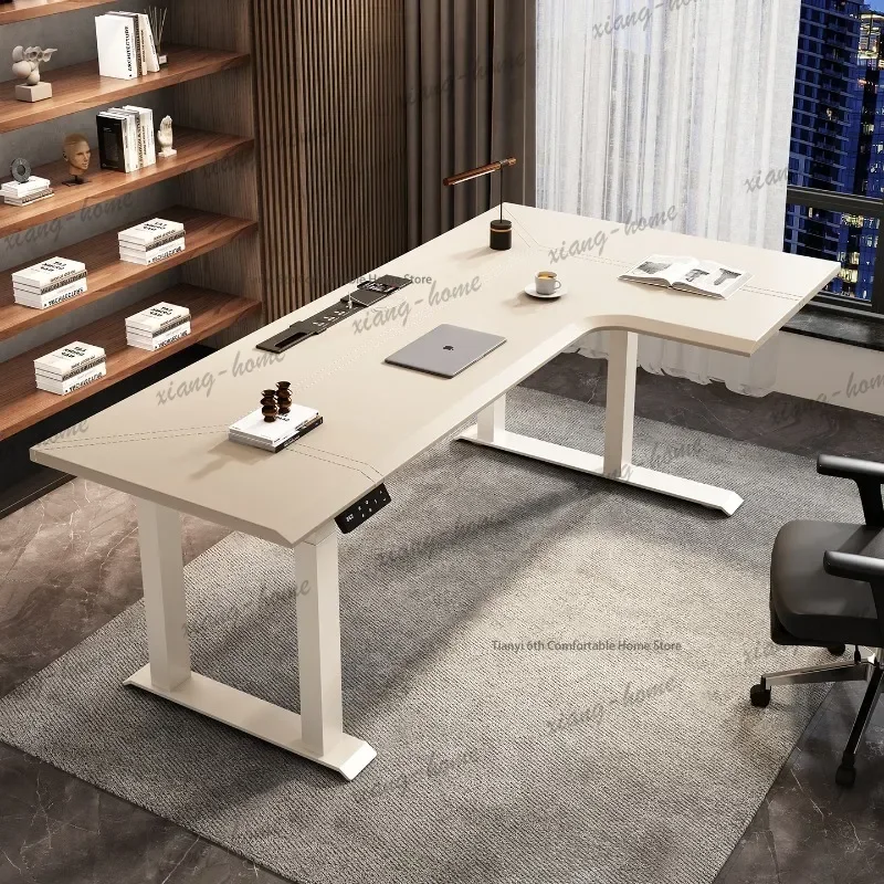 LD Modern Designer Electric Lift Desk Nordic L-shaped Corner Saddle Leather Workbench Study Computer Desks Office Furniture