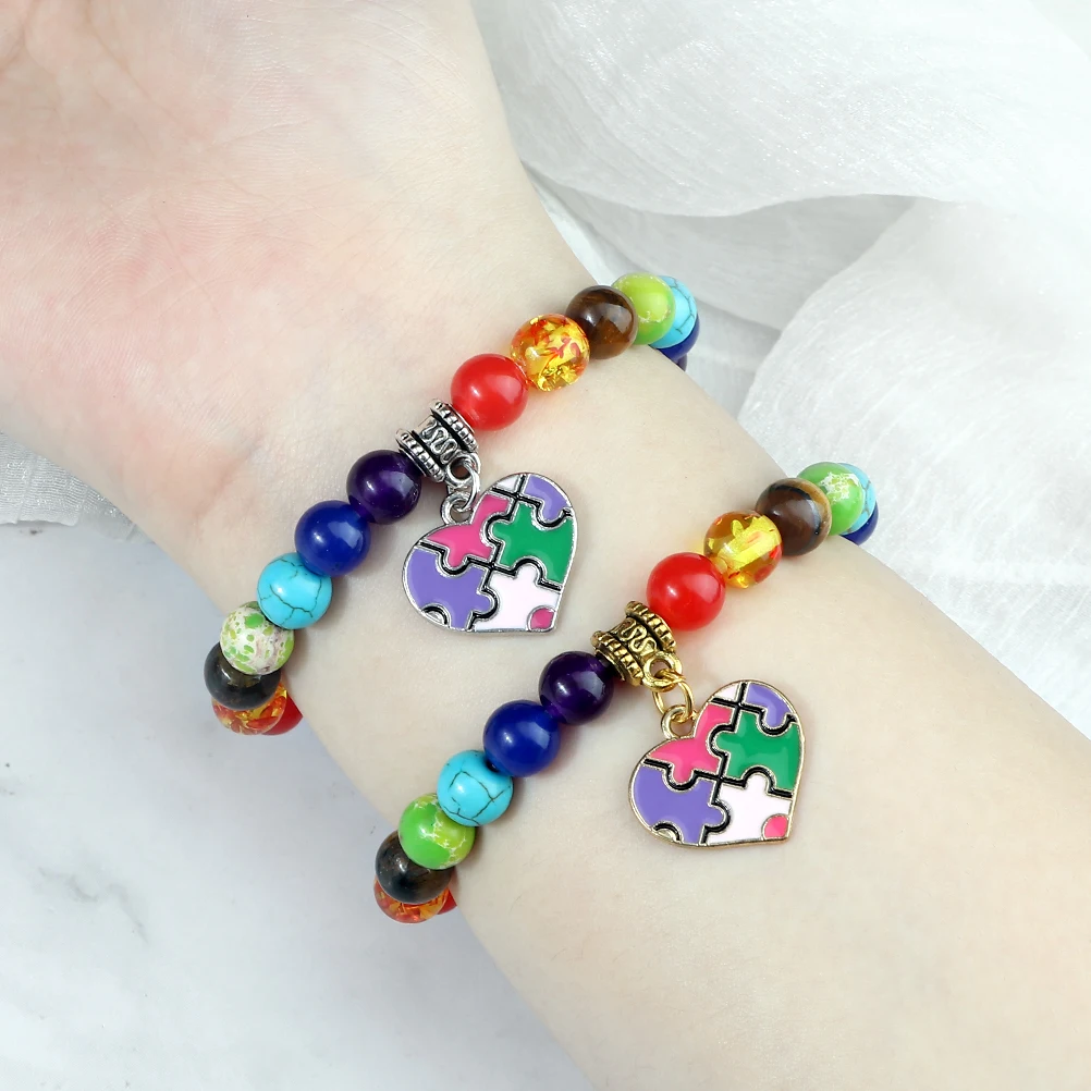 7 Chaka 8mm Natural Stone Beaded Bracelet Rainbow Heart Shape Pendant Elastic Bangles Chain Women Men Healing Pulsera Jewelry