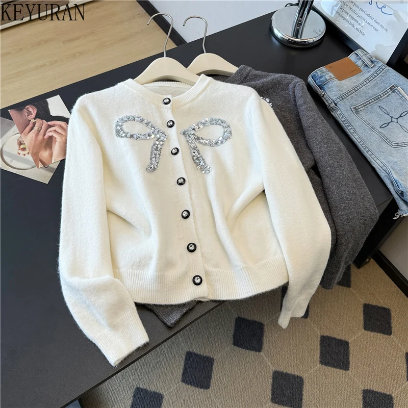 

Sweet Bow Sequins Knitted Cardigan Women Sweater Coat Spring Autumn Elegant Chic O-neck Long Sleeve Knitwear Tops Ladies Jumpers