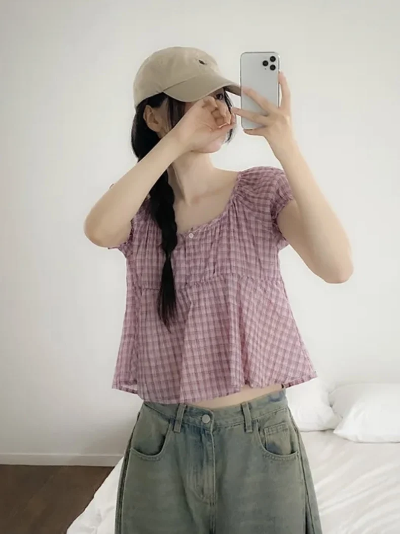 Fre Sle Bubble Sve irt Chic New Women's ort Design Doll Top round Ne Casual Summer Faion Small Size Friendly