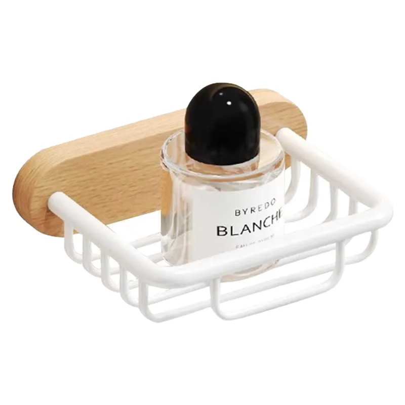 

Natural Wooden Wall Mounted Soap Rack Steel Single Layer Soap Basket Bathroom Soap Holder Kitchen Drain Shelf