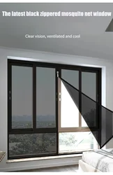 Black mosquito screen window, sliding curtain, invisible zipper gauze mesh, non perforated, self-adhesive