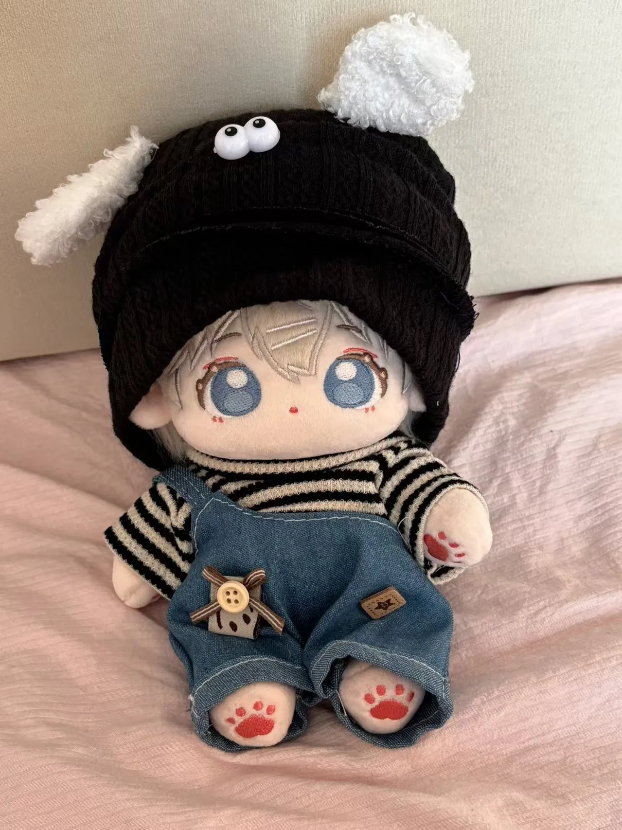 Love and Deepspace 10Cm Cute Doll Clothes for Kids Striped T-shirt, denim overalls, puppy hat DIY Doll Clothing Accessories