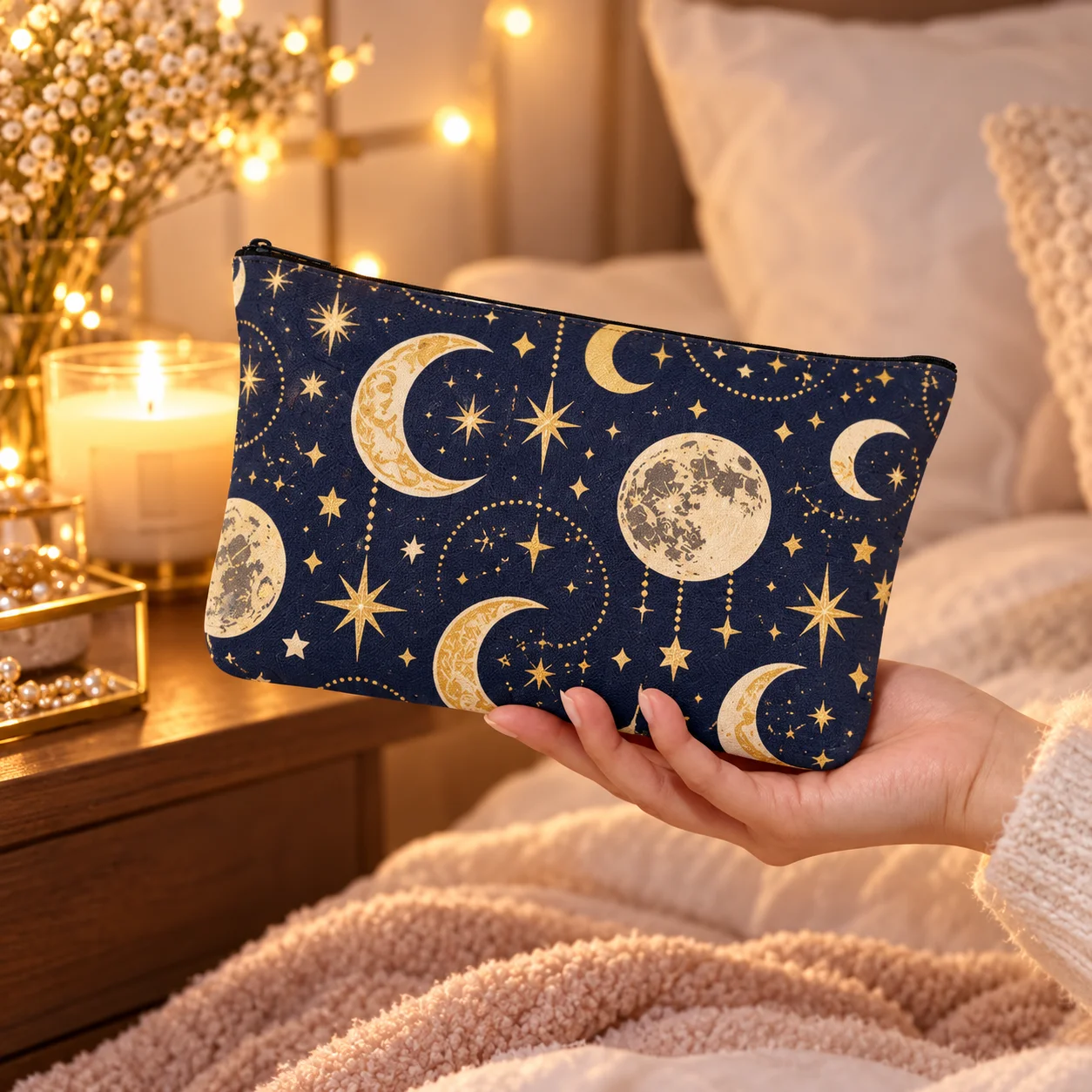 Customizable canvas makeup bag—can be personalized with your own photos, images, designs, logos, or names. Features a zipper clo
