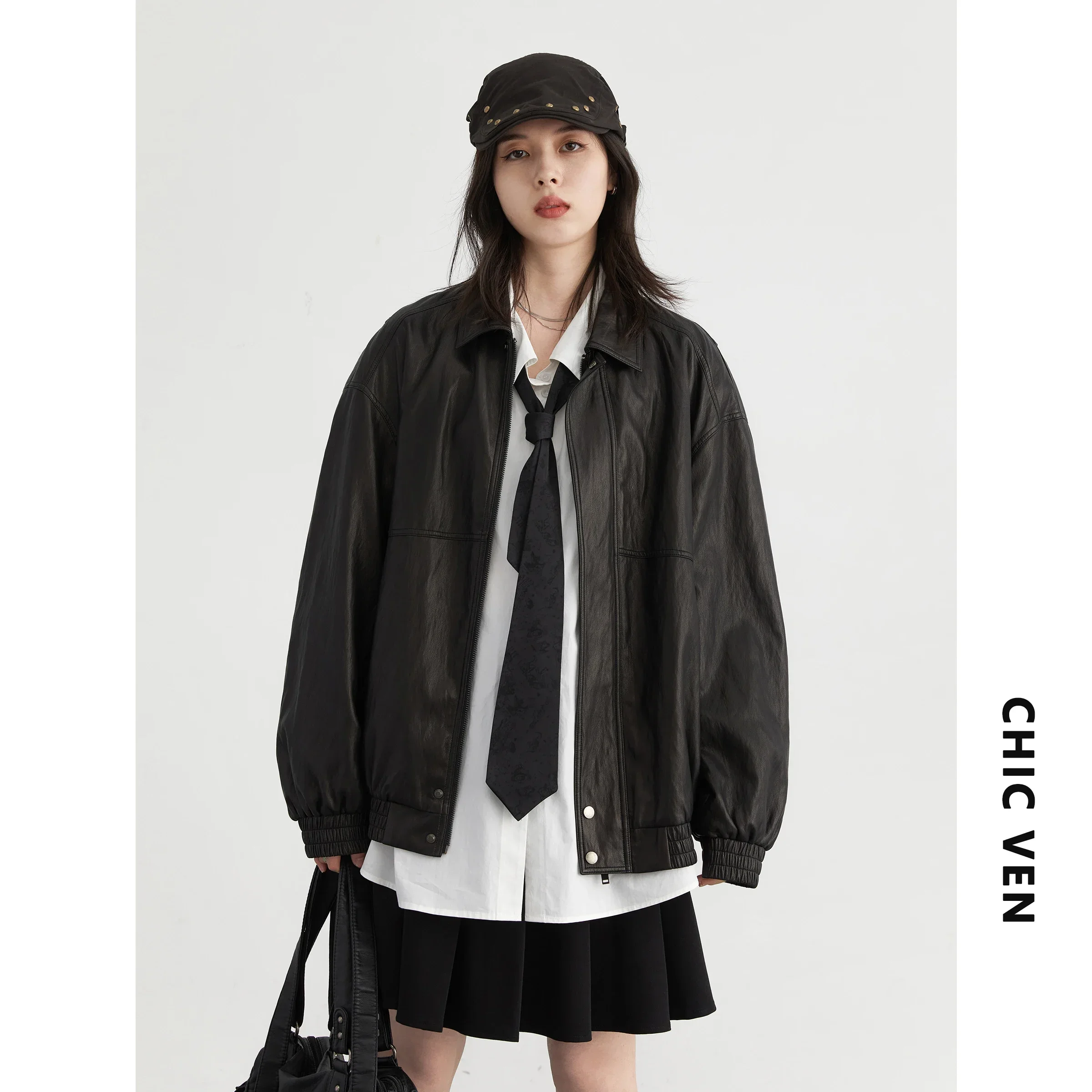 CHIC VEN Women PU Jacket Solid Faux Leather Loose Pleated Texture PU Female Coat Woman Clothing Spring Autumn 2024