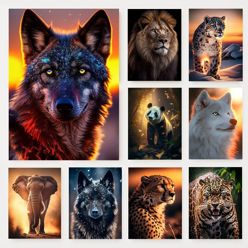 Unframe Modern Wildlife Animals Photography Poster Wolf Tiger Lion Elephant Leopard Canvas Painting Wall Art for Living Room Hom