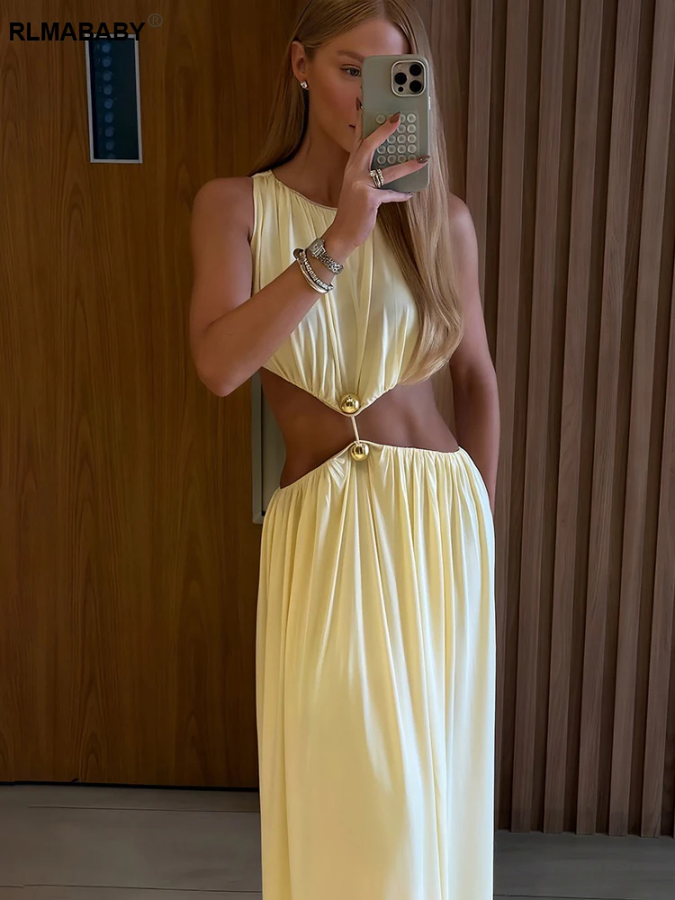 RLMABABY Seksowna Sukienka Maxi Bez Rękawów z Wycięciem w Talii, Obcisła Sukienka Damska, Elegancka Sukienka w Stylu Francuskim z Dekoltem O, Idealna na Imprezę Klubową