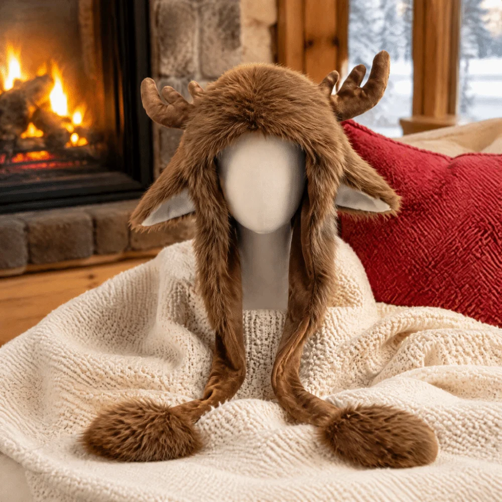Warme Rentiergeweih-Mütze, flauschige Textur, verstellbare Riemen, Weihnachts-Elchmütze, thermische winddichte Plüsch-Ohrschutzmütze, Unisex – Detail 4