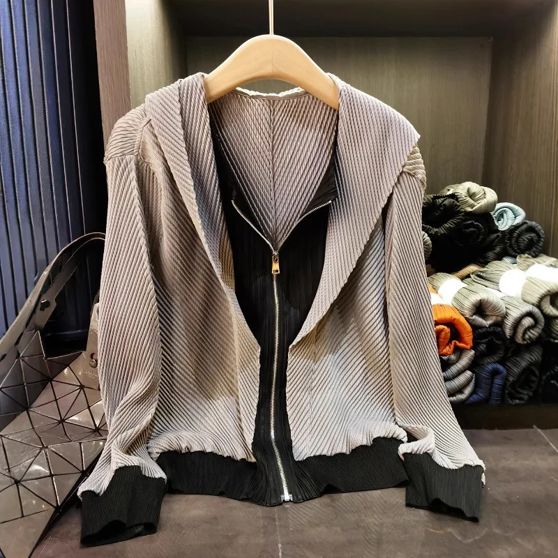 

Плиссированная куртка Miyake, расширенная куртка из 2 предметов, с капюшоном и молнией, женская куртка на молнии, осень 202, повседневные универсальные плиссированные топы с длинными рукавами