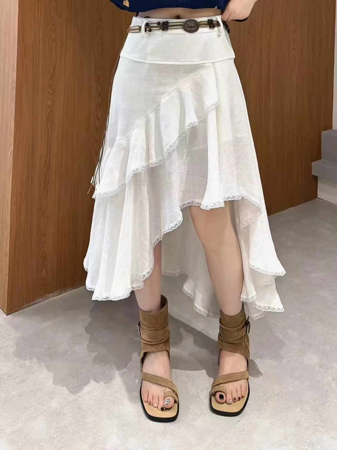 

Юбка с высокой талией, женская асимметричная льняная длинная юбка с кружевной отделкой, лето 202, повседневная юбка свободного покроя