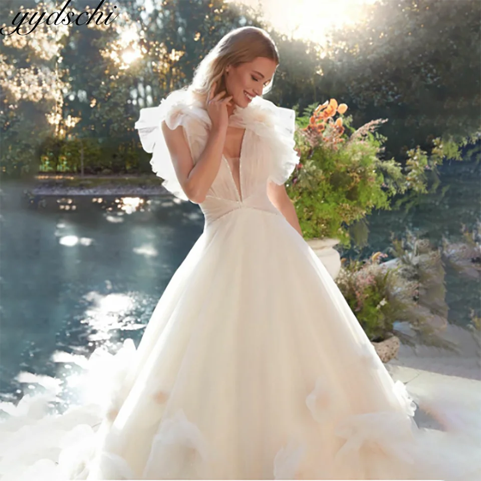 

Customized Gorgeous Sweetheart 3D Flowers A Line Wedding Dresses 2025 Ruffles Sleeveless Backless Court Train Tulle Bridal Gowns