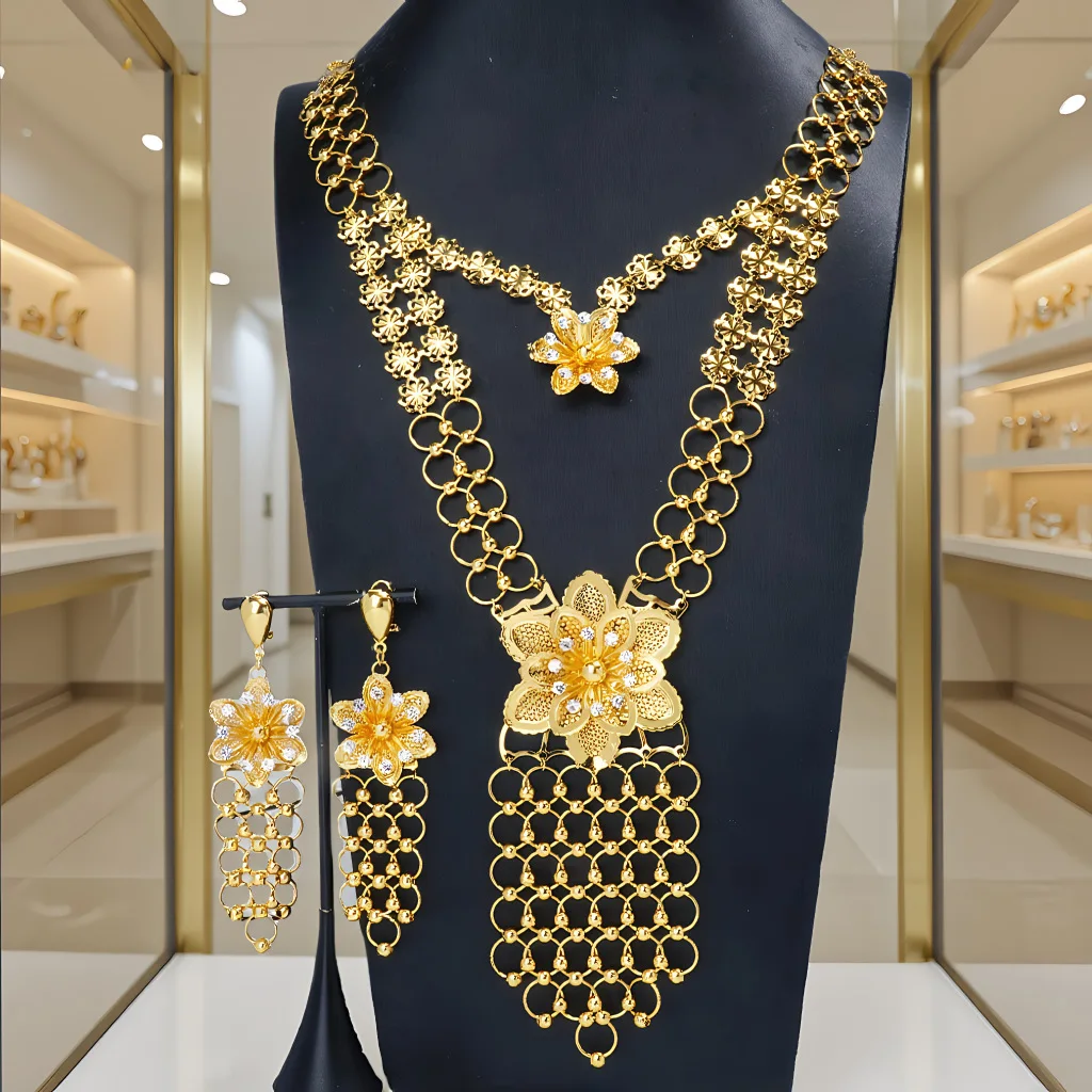 

New European Dubai Fashion 24K Gold Plated Necklace Earrings Exquisite Engagement Party Jewelry Set for Lovers