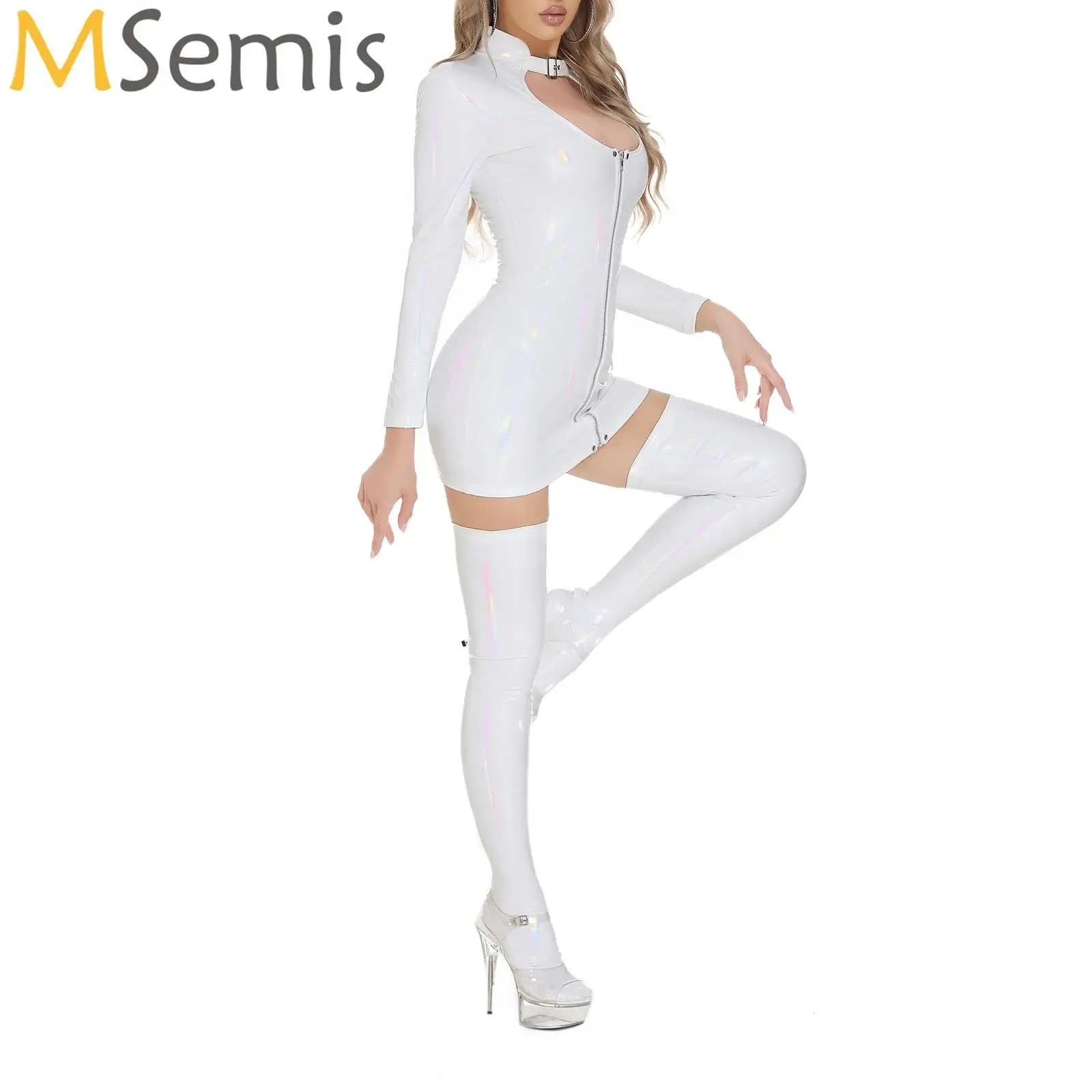 Traje de baile en barra para mujer, vestido ajustado de charol con aspecto húmedo, vestido de conejito recortado con medias, conjunto de disfraz para fiesta Rave y Club