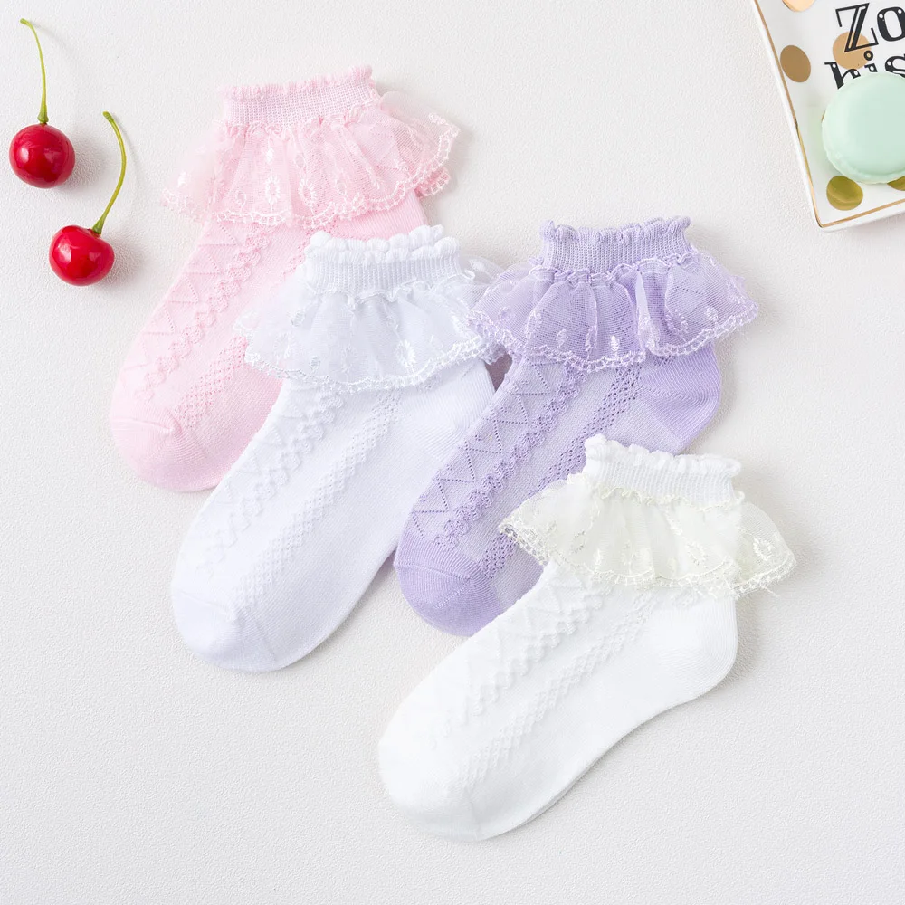 4 Pairs Girls Lace Ruffle Socks Breathable Comfortable Adorable Princess-Style Kids Dance Ready Socks with Frilly Trim