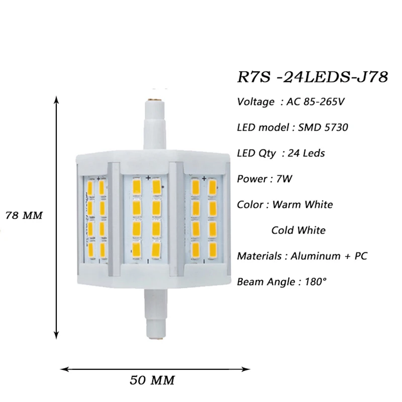 Litwod-bombilla LED R7S regulable, 7W, SMD5730, r7s, 78mm, J78, luz de CA85-265V, lámparas halógenas