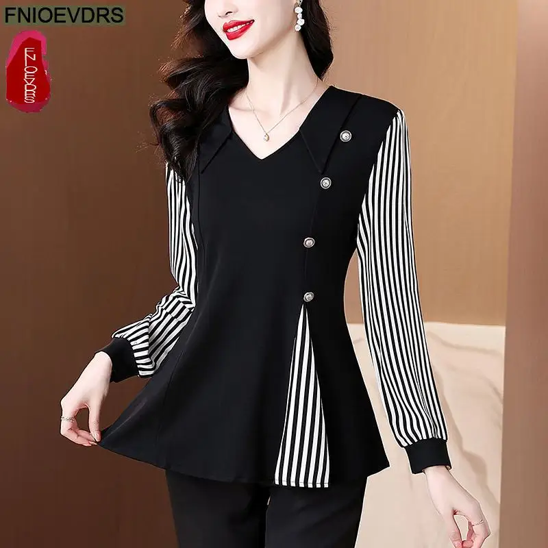 Office Basic Shirts New Design Women Long Sleeve Elegant Fashion Work Lady Black Patchwork Peplum Top Black Striped Button Shirt