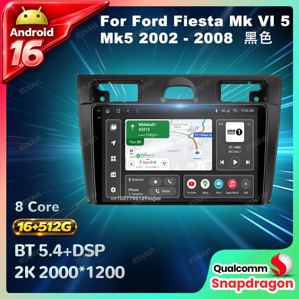 Radio para Auto Android 16 para Ford Fiesta Mk VI 5 Mk5 2002 - 2008, Unidad Principal, Reproductor de Video, Estéreo, DSP, Carplay Inalámbrico, Auto BT, 4G LTE