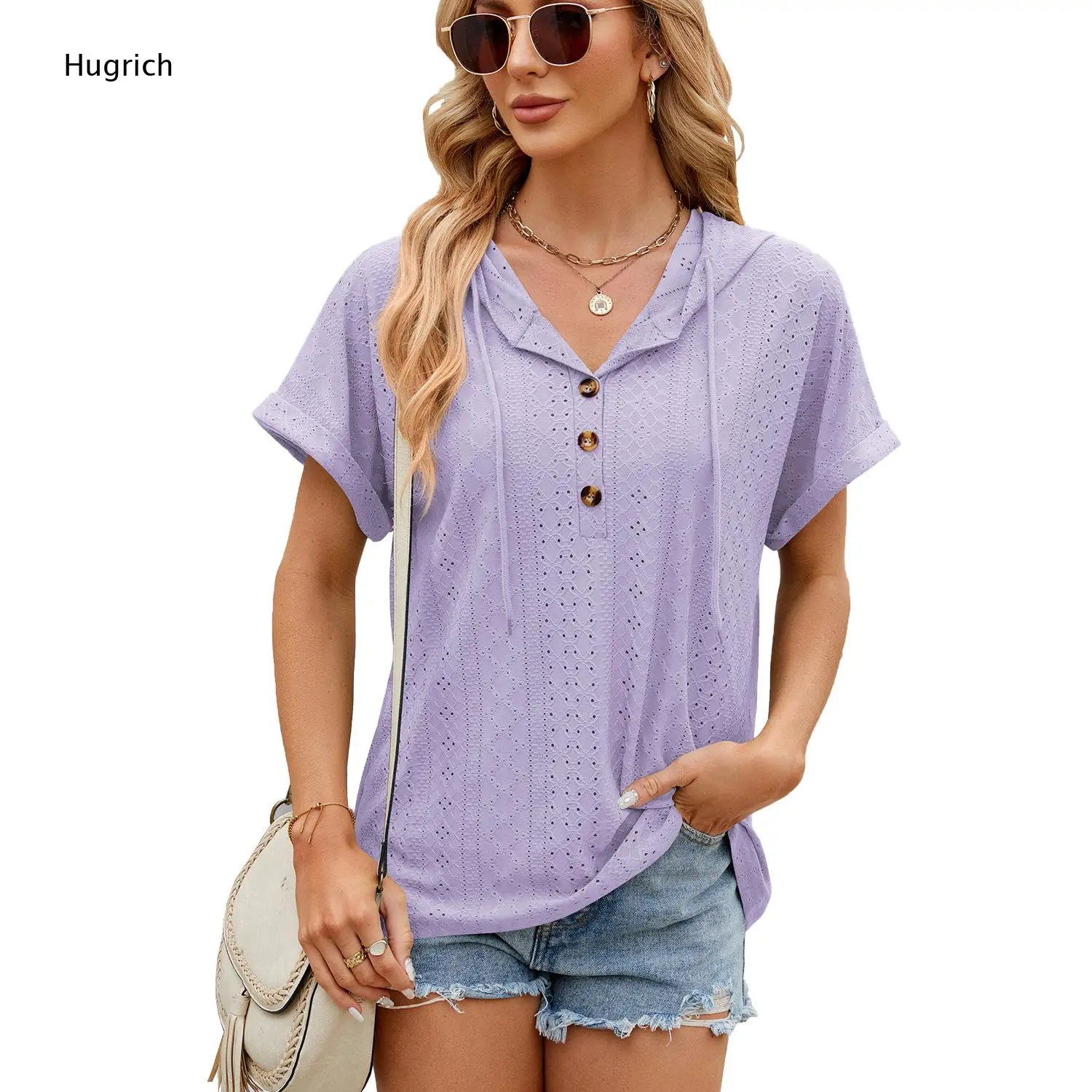 Lavender Eyelet Cutout Hooded Short Sleeve Tee For Women Drawstring Half Placket V Neck Roll Cuff Loose Summer Casual Shirt