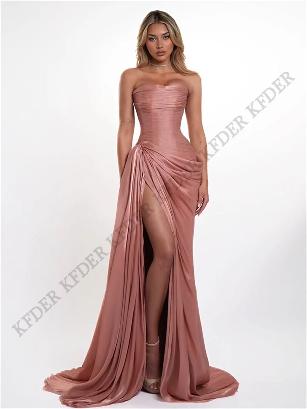 Vestidos de fiesta de lujo con abertura lateral de Dubái, vestido de noche rosa con drapeado, vestidos elegantes para mujer para fiesta de noche 2026