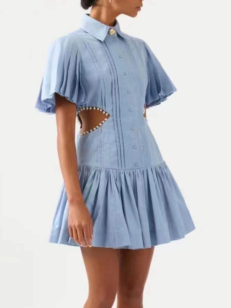 VGH Solid Chic Dresses For Women Lapel Short Sleeve Single Breasted Hollow Out Spliced Ruffles Mini Dress Female Summer Clothing