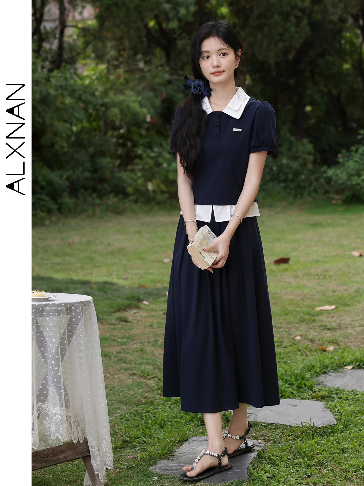 ALXNAN Women's Skirt Navy Elegant Long A-line Cotton Skirt 2025 Summer Holiday Party Ladies Korean Popular Clothes L551117BSQ