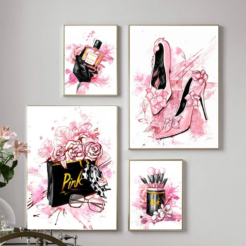 Diamond Painting Women Fashion High Heels Makeup Brush Full Diamond Pink Bedroom Wall Poster Cross Stitch Girls Room Decor Gifts