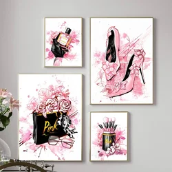 Diamond Painting Women Fashion High Heels Makeup Brush Full Diamond Pink Bedroom Wall Poster Cross Stitch Girls Room Decor Gifts