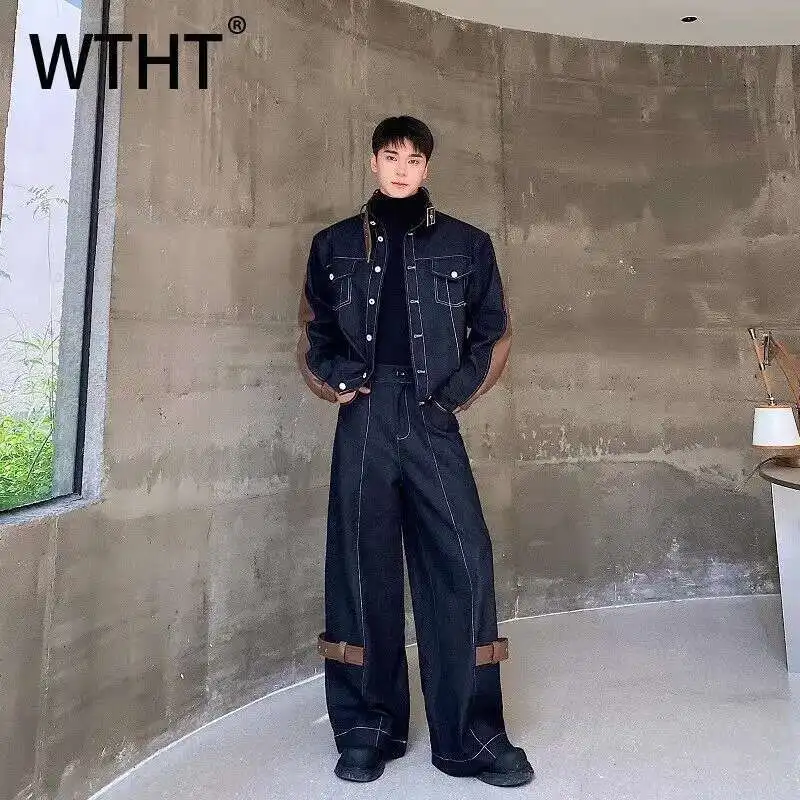 WTHT Trendy 2025 Sumemr Men's Suit Spliced Leather Stand Collar Coats Casual Loose High-waisted Wide Leg Pants Set Male 2A0793