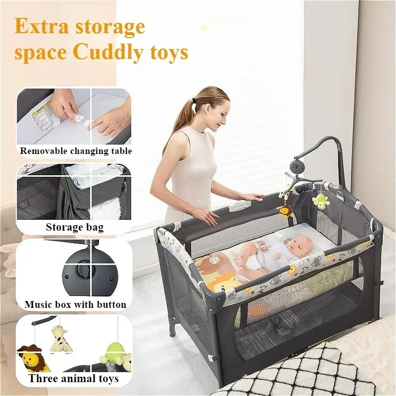 4-in-1 Baby Crib Foldable Baby Cot Height Adjustable with Changing Table Side Bed Movable Infant Nest Bed with Music Toy Rack