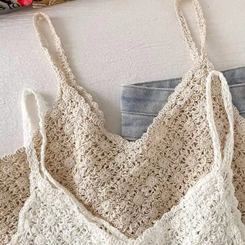 Women Vintage French Crochet Sleeveless Camisole Vintage Hollow Out Knit Floral Crop Top Sexy V-Neck Beach Mini Vest