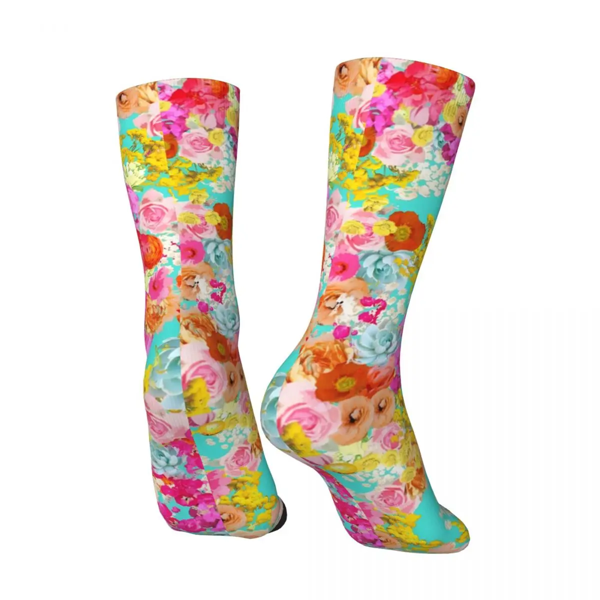 Crazy compression Summer Bright Floral With Turquoise Background Sock for Men Harajuku Quality Pattern Crew Sock Casual