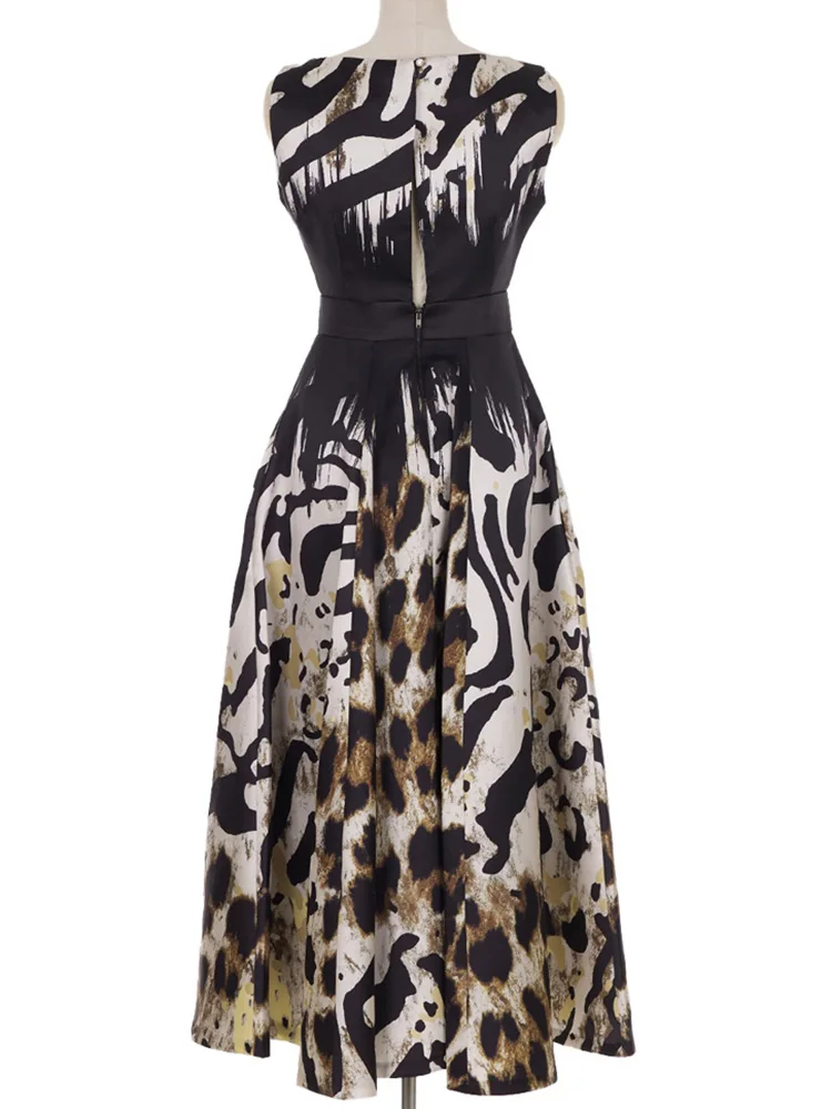 Vestido de fiesta elegante de verano con estampado de leopardo y cuello redondo, línea de cintura alta, espalda hueca, dobladillo inferior grande, vestido Retro para mujer