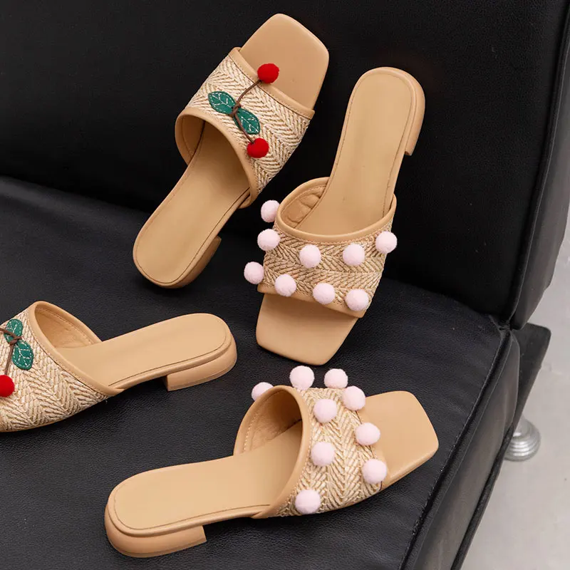 

2025 Women Shallow Weaved Slippers Bohemian Design Summer Flip Flops Fashion Red Cherry Decors Flats Beach Slides Creepers