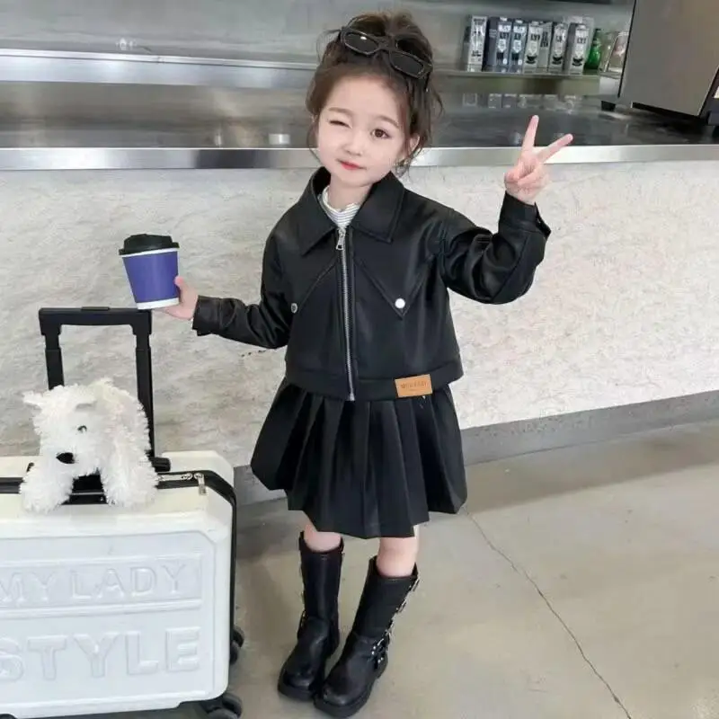 Girl Autumn Two-Piece Set Leather Biker Jacket Pleated Skirt Korean Style Fashionable Outfit for Children Fall Season Clothing ﻿