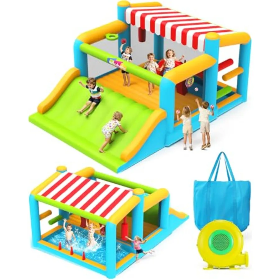 

16 x 11.5 FT Inflatable Bounce House for Multiple Big 3-12 with Elevated Giant Slide Convertible Ball Pit/Water Pool with Shade