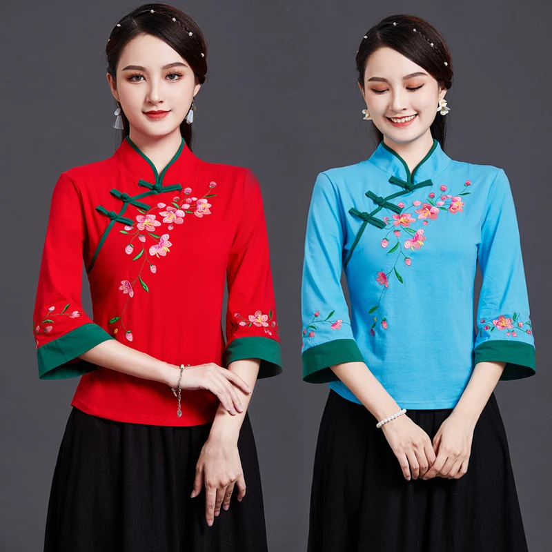 

Ethnic Style Embroidered Shirt Qipao Cheongsam Tops Traditional Chinese Clothing For Women Fashion Bracelet Sleeve Hanfu Modern