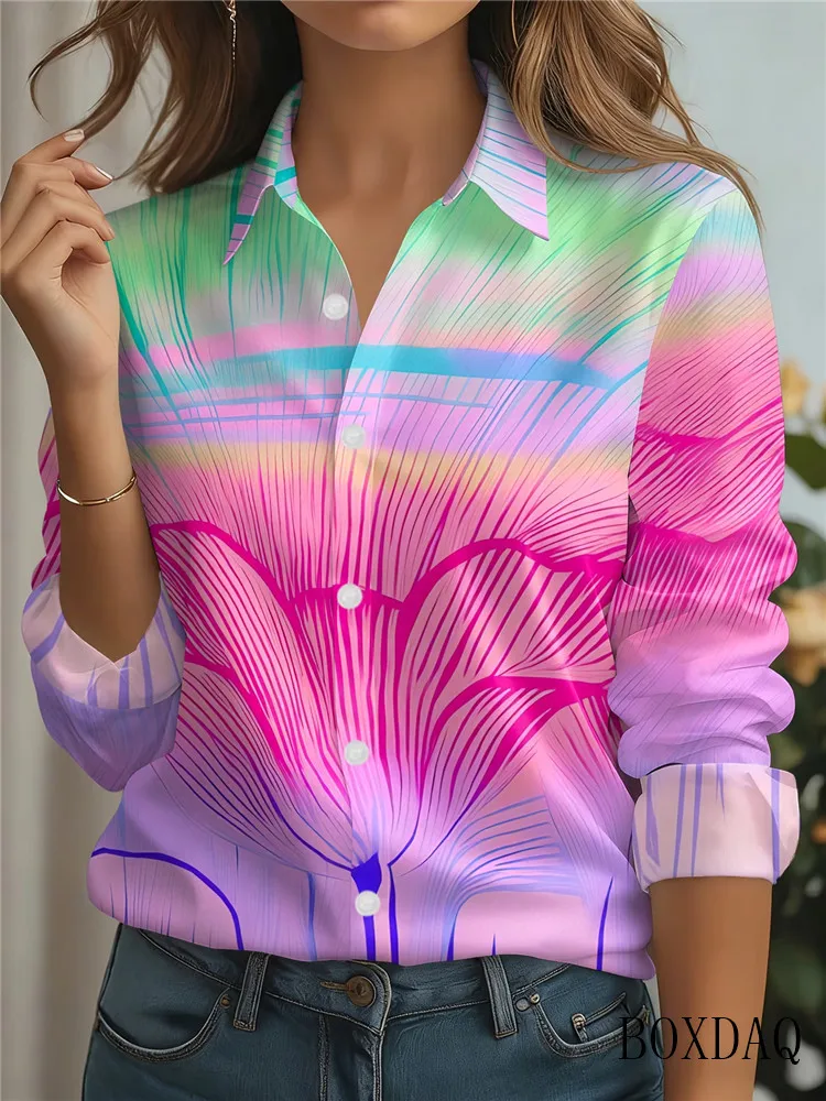 2026 Autumn New Women's Shirts Gradient Stripes 3D Print Blouses Casual Lapel Long Sleeve Fashion Abstract Office Ladies Tops