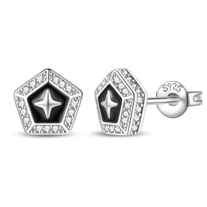 

New 925 Sterling Silver Black Cool Pentagram Male Zircon Stud Earrings For Men's Fine Birthday Birthday Anniversary Jewelry Gift