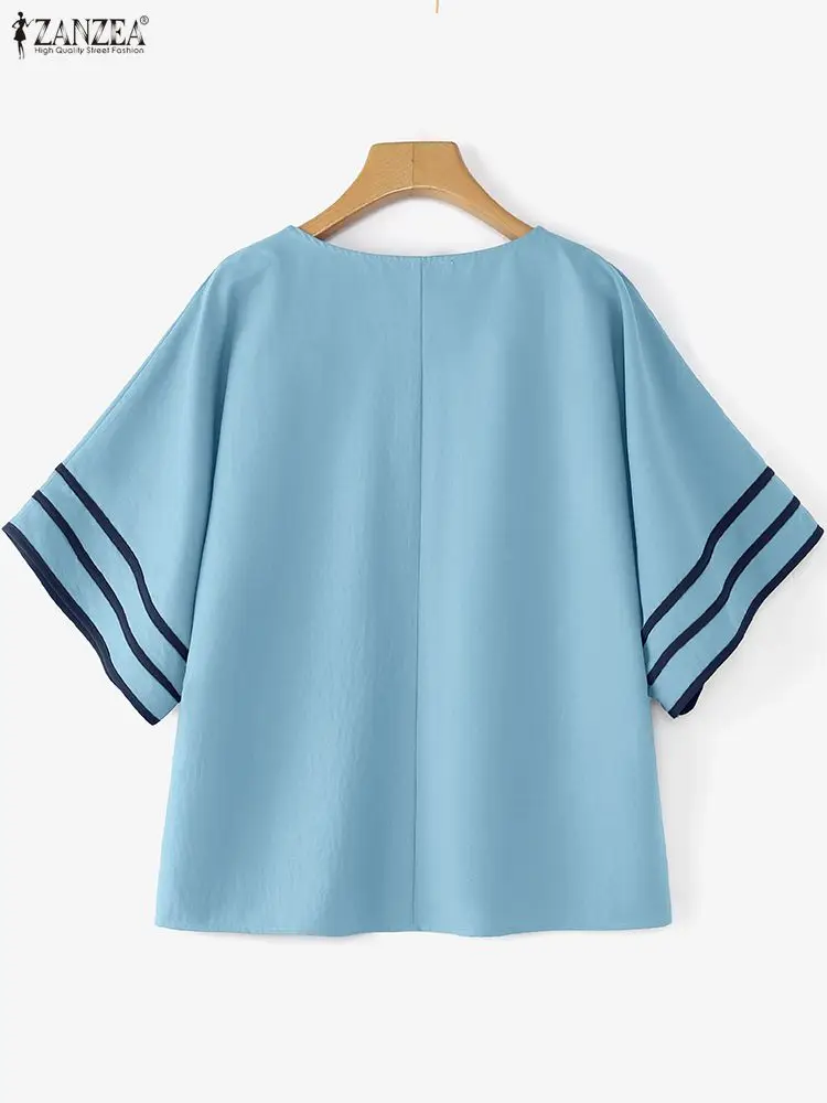 ZANZEA Modna Bluzka Damska Casualowa w Paski z Falbankami i Wstawkami, Koszula Jesienna 2025 z Rękawem 3/4, Dekolt w Serek, Luźna Bluzka Tunika do Pracy