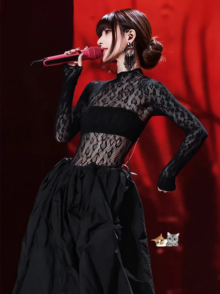 Black Mesh See-through Stage Performance Outfit Set with Puffy Half-length Skirt for Zhao Lusi Concert Pure Desire Style