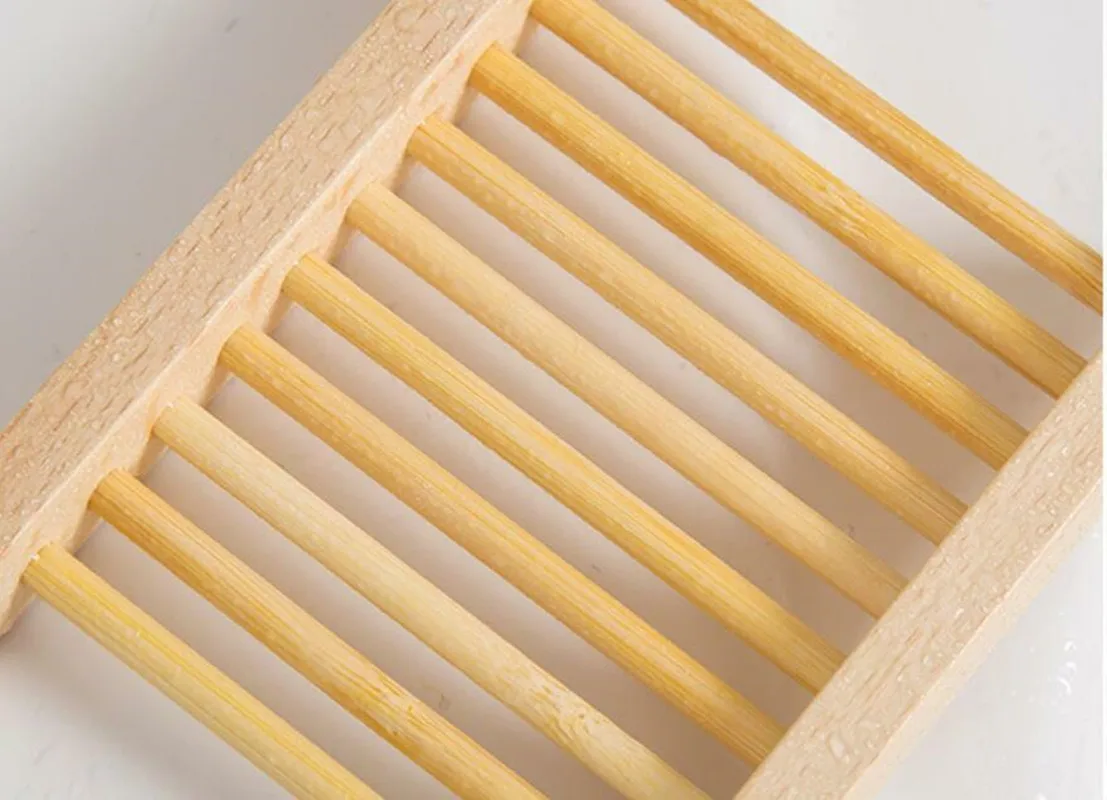 Jabonera de madera de bambú para baño y ducha, soporte para bandeja, estante de almacenamiento, 2 piezas