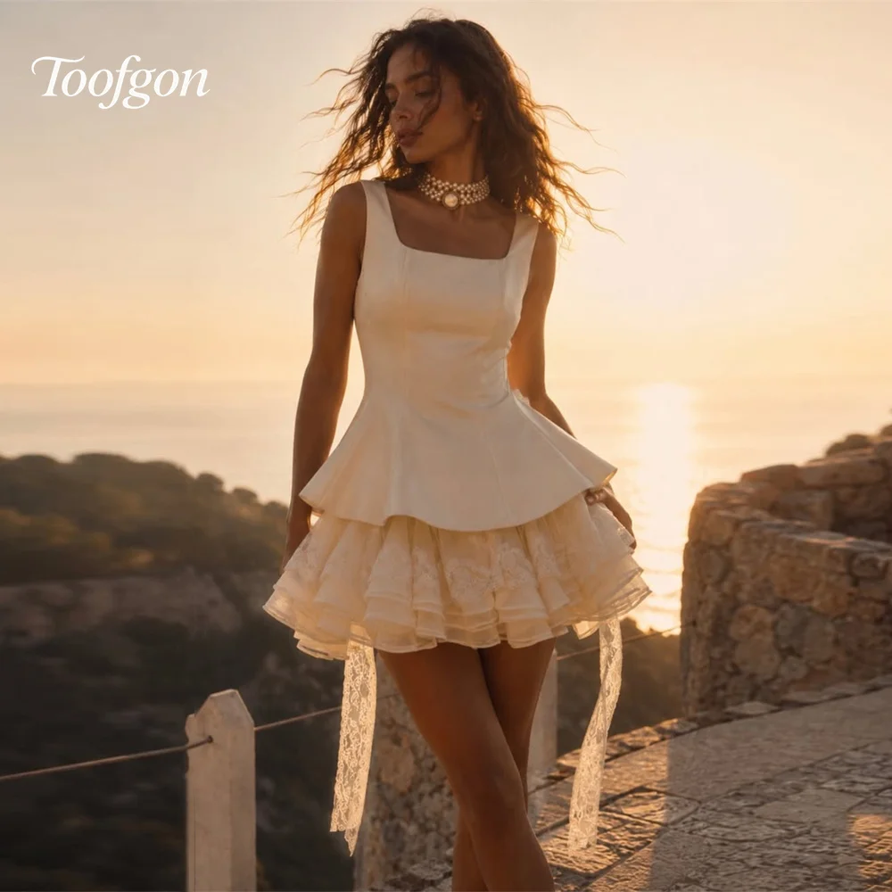 Toofgon Satin Lace Square Short Mini Prom Dresses Customized A Line Formal Party Graduation Gowns Girl Dance Homecoming Dress