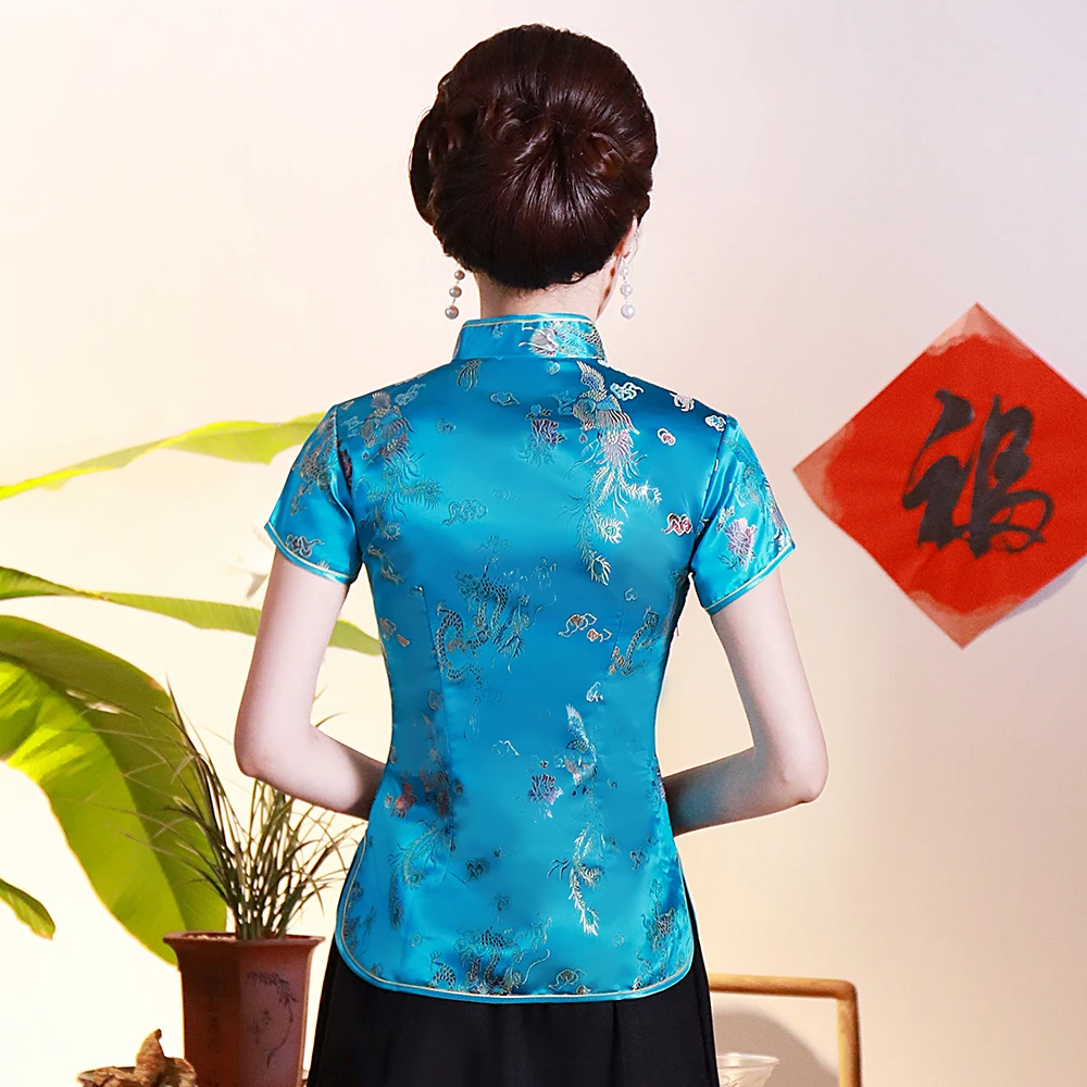 Dragon Phoenix Chinese National Women Blouse NEW Casual Summer Short Sleeve Shirt Tops Traditional Mandarin Collar Clothing