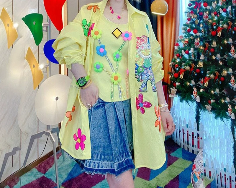 SALIENCY Spring Summe Heavy Industry 3D Flower Blouse Women  Mid Length Diamond Print Candy Color Shirt Spring Loose Top