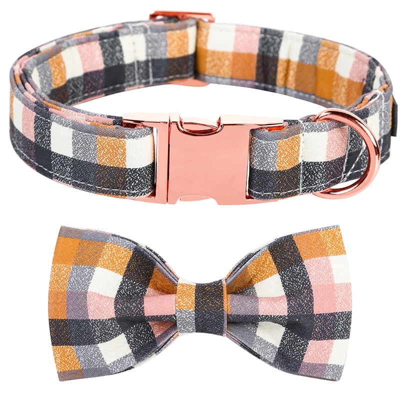 Personalized Fall Plaid Dog Collar with Bowtie Winter Dog Collar Adjustable Puppy Dog Collar for Large Medium Small Dog