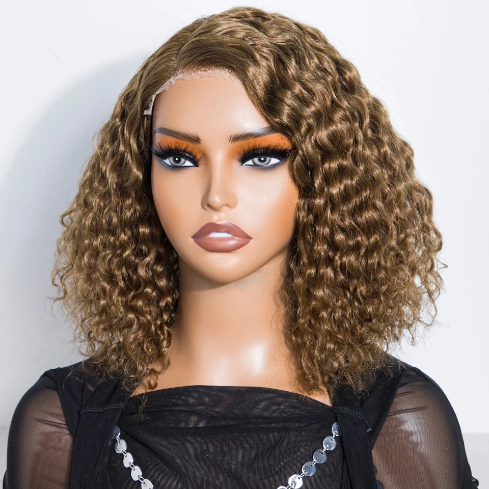 Lekker Gold Brown Short Kinky Curly Bob L Part Lace 100% Human Hair Wigs For Women Brazilian Remy Hair Colored Wear Go Deep Wigs