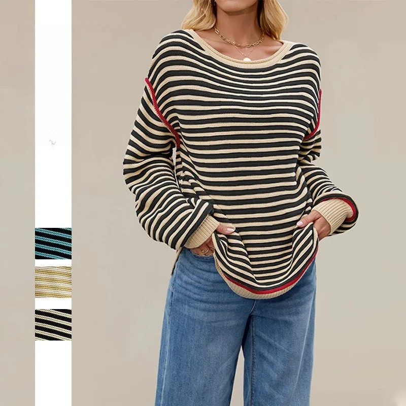 

Новинка 2025, осенне-зимний женский полосатый вязаный топ, пуловер с круглым вырезом, свободный свитер с длинными рукавами