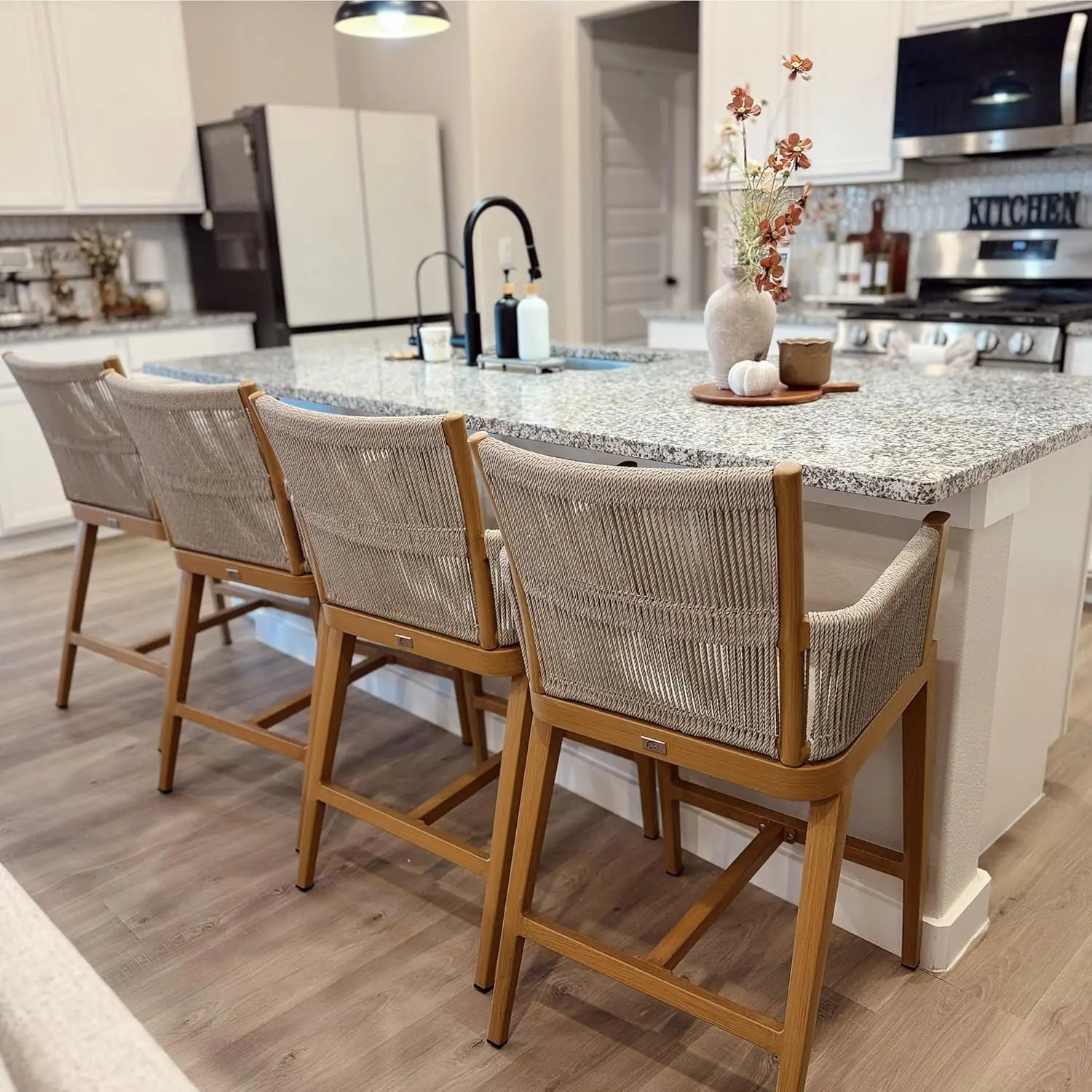 

Outdoor Counter Height Bar Stool Set of 4 Modern Aluminum Woven Rattan Barstools with High Back and High Armrests, Customized