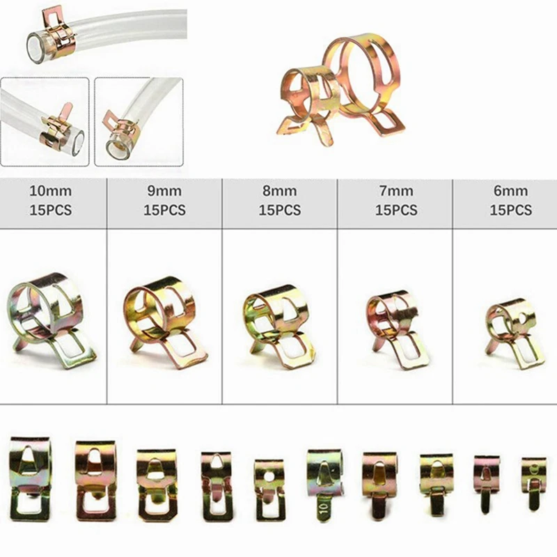 Top-75 PCS Zinc Plated Spring Hose Clamps + Straight Throat Tube Clamp For Band Clamp Metal Fastener Assortment Kit